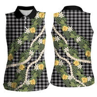 Aloha Puakenikeni Anthurium Pikake Lei Women Sleeveless Polo Shirt Black Hawaiian Palaka Pattern