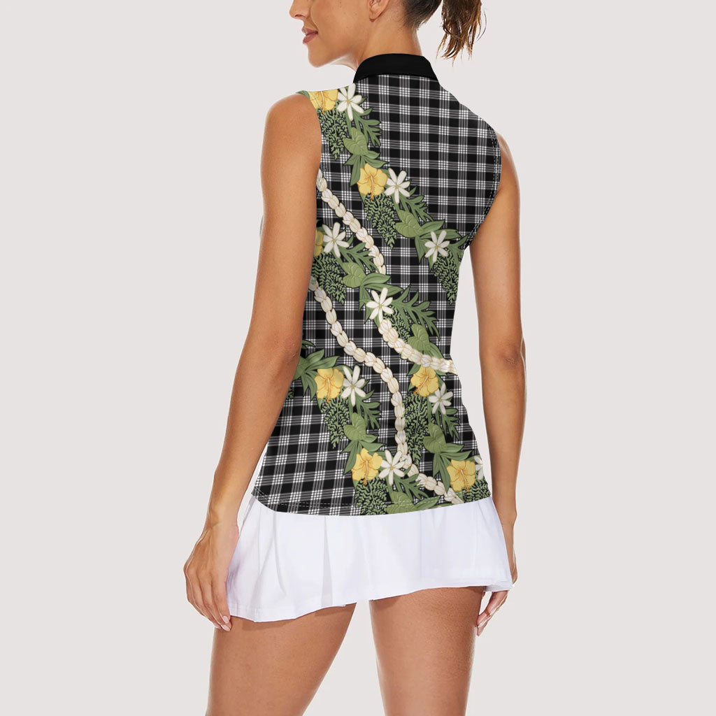 Aloha Puakenikeni Anthurium Pikake Lei Women Sleeveless Polo Shirt Black Hawaiian Palaka Pattern