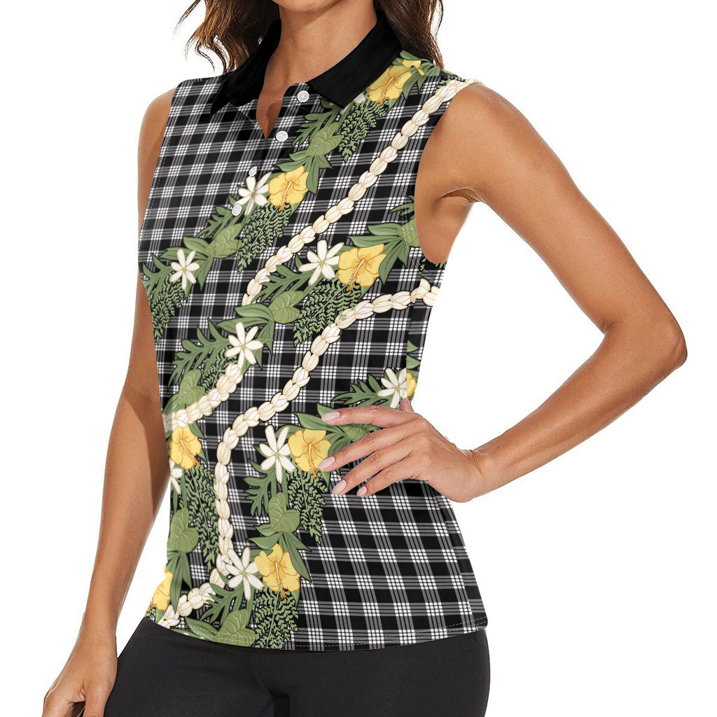 Aloha Puakenikeni Anthurium Pikake Lei Women Sleeveless Polo Shirt Black Hawaiian Palaka Pattern