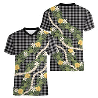 Aloha Puakenikeni Anthurium Pikake Lei Women V-Neck T-Shirt Black Hawaiian Palaka Pattern