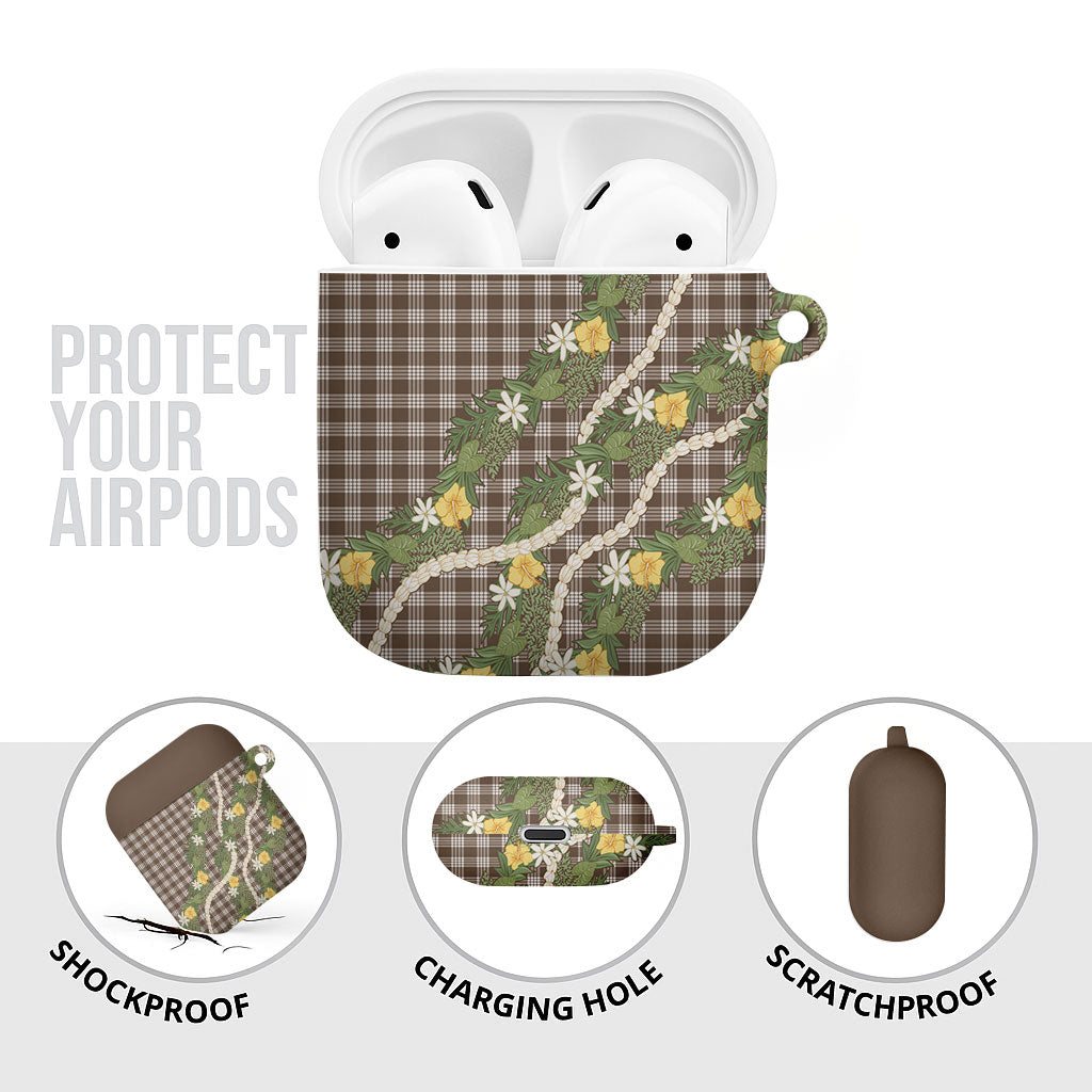 Aloha Puakenikeni Anthurium Pikake Lei AirPods Case Chocolate Hawaiian Palaka Pattern