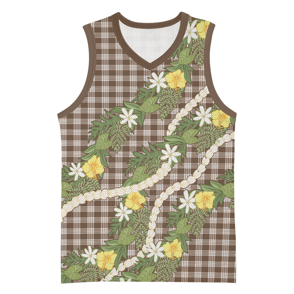 Aloha Puakenikeni Anthurium Pikake Lei Basketball Jersey Chocolate Hawaiian Palaka Pattern LT9 Unisex Chocolate - Polynesian Pride