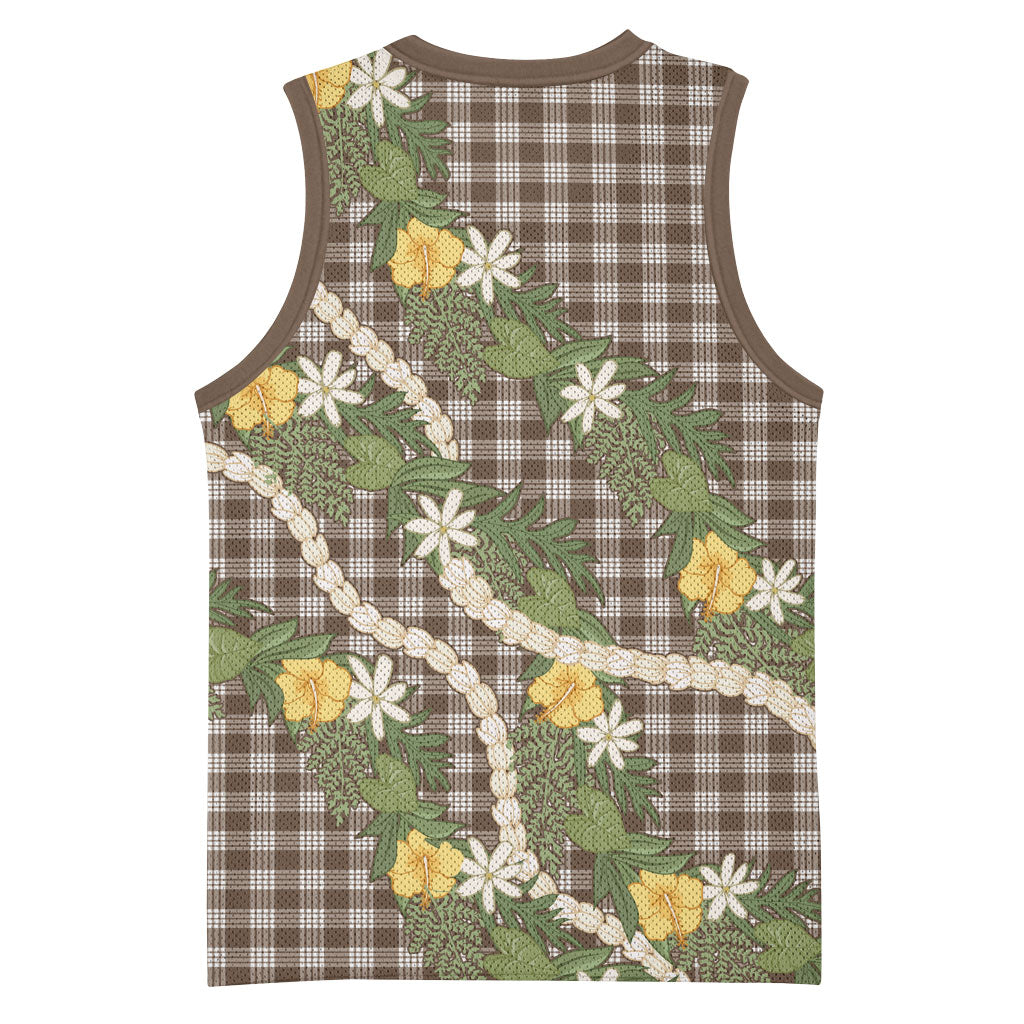 Aloha Puakenikeni Anthurium Pikake Lei Basketball Jersey Chocolate Hawaiian Palaka Pattern LT9 - Polynesian Pride