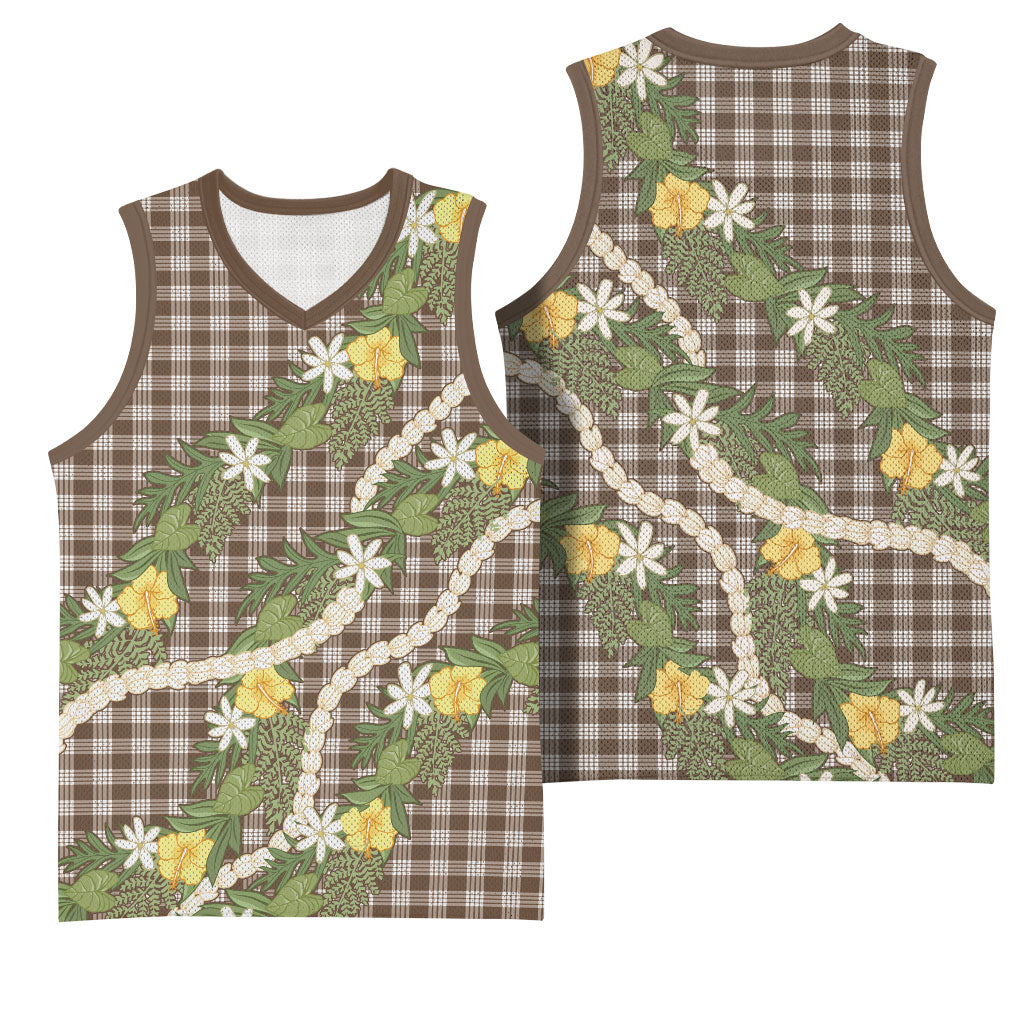 Aloha Puakenikeni Anthurium Pikake Lei Basketball Jersey Chocolate Hawaiian Palaka Pattern LT9 - Polynesian Pride