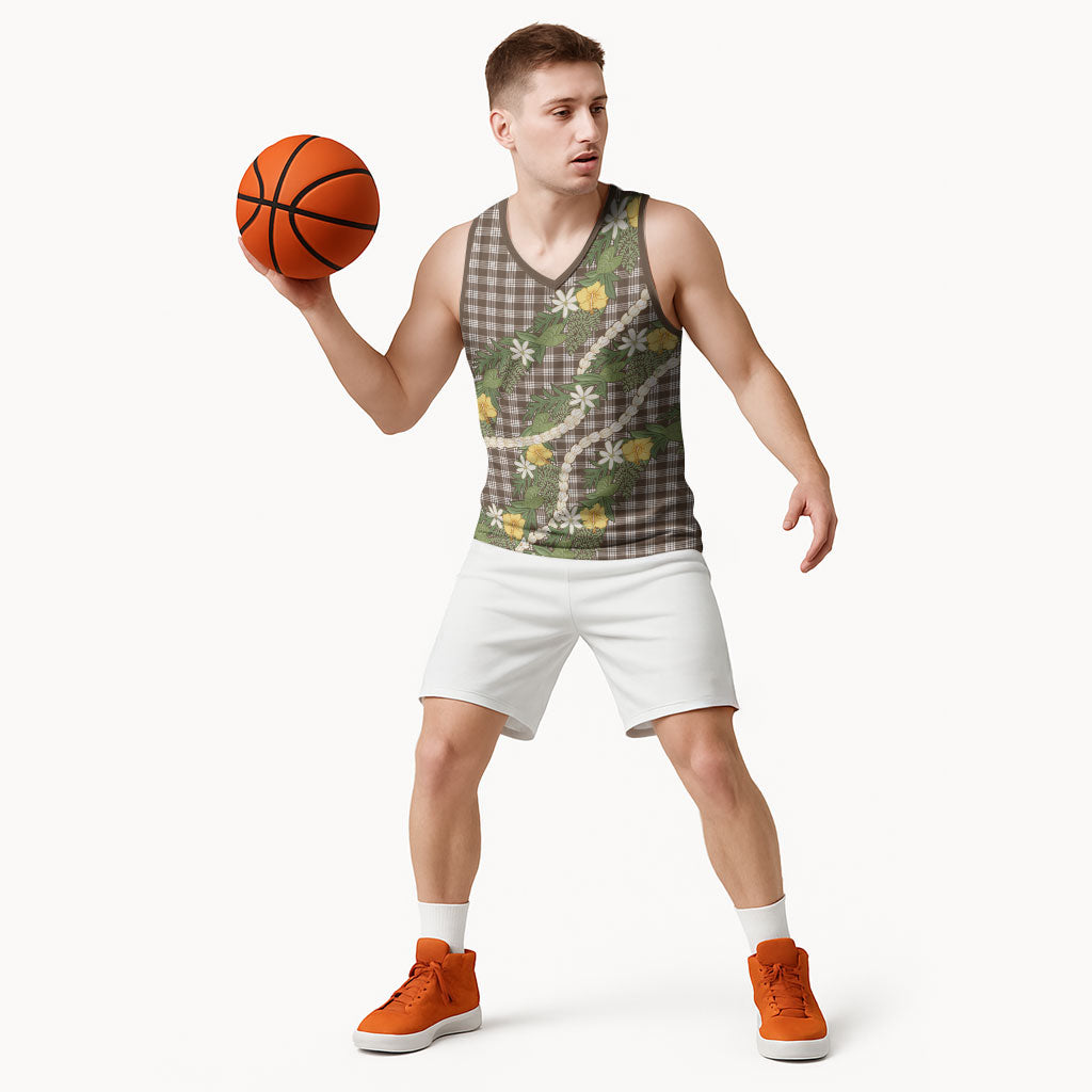 Aloha Puakenikeni Anthurium Pikake Lei Basketball Jersey Chocolate Hawaiian Palaka Pattern LT9 - Polynesian Pride