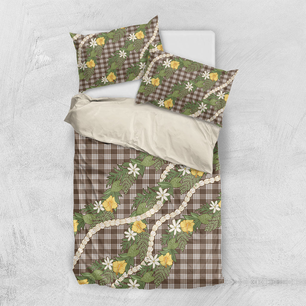 Aloha Puakenikeni Anthurium Pikake Lei Bedding Set Chocolate Hawaiian Palaka Pattern