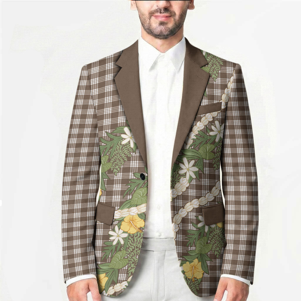 Aloha Puakenikeni Anthurium Pikake Lei Blazer Chocolate Hawaiian Palaka Pattern