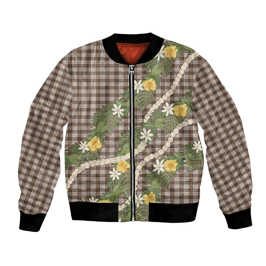 Aloha Puakenikeni Anthurium Pikake Lei Bomber Jacket Chocolate Hawaiian Palaka Pattern