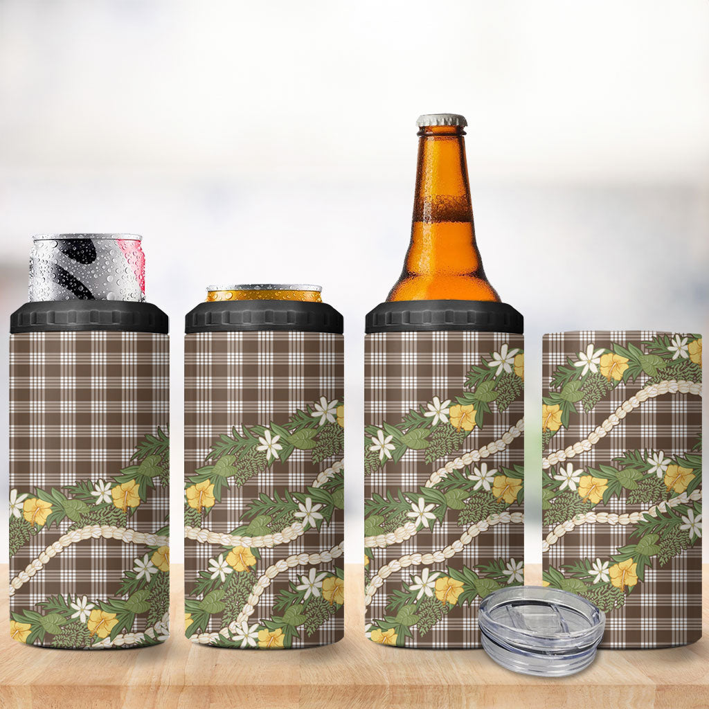 Aloha Puakenikeni Anthurium Pikake Lei 4 in 1 Can Cooler Tumbler Chocolate Hawaiian Palaka Pattern