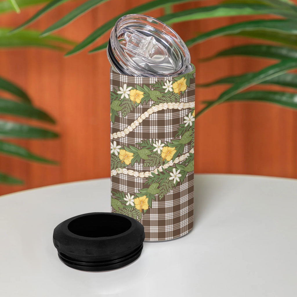 Aloha Puakenikeni Anthurium Pikake Lei 4 in 1 Can Cooler Tumbler Chocolate Hawaiian Palaka Pattern