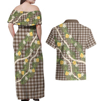 Aloha Puakenikeni Anthurium Pikake Lei Couples Matching Off Shoulder Maxi Dress and Hawaiian Shirt Chocolate Hawaiian Palaka Pattern