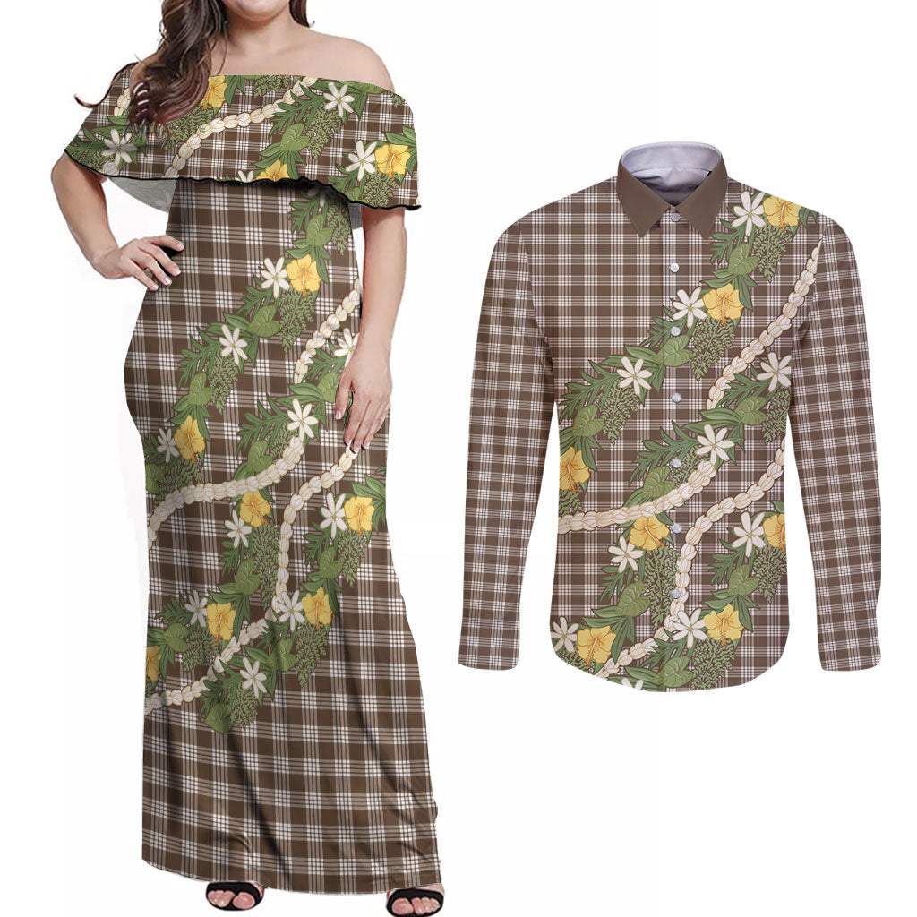 Aloha Puakenikeni Anthurium Pikake Lei Couples Matching Off Shoulder Maxi Dress and Long Sleeve Button Shirt Chocolate Hawaiian Palaka Pattern