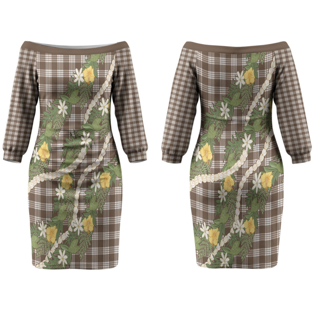 Aloha Puakenikeni Anthurium Pikake Lei Couples Matching Off The Shoulder Long Sleeve Dress and Hawaiian Shirt Chocolate Hawaiian Palaka Pattern LT9 - Polynesian Pride