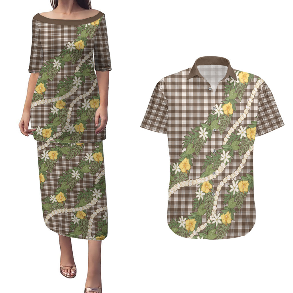 Aloha Puakenikeni Anthurium Pikake Lei Couples Matching Puletasi and Hawaiian Shirt Chocolate Hawaiian Palaka Pattern