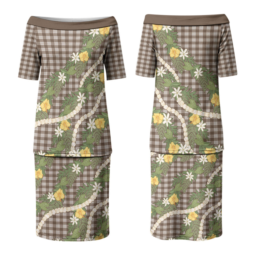 Aloha Puakenikeni Anthurium Pikake Lei Couples Matching Puletasi and Hawaiian Shirt Chocolate Hawaiian Palaka Pattern LT9 - Polynesian Pride