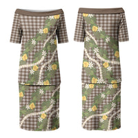 Aloha Puakenikeni Anthurium Pikake Lei Couples Matching Puletasi and Long Sleeve Button Shirt Chocolate Hawaiian Palaka Pattern LT9 - Polynesian Pride