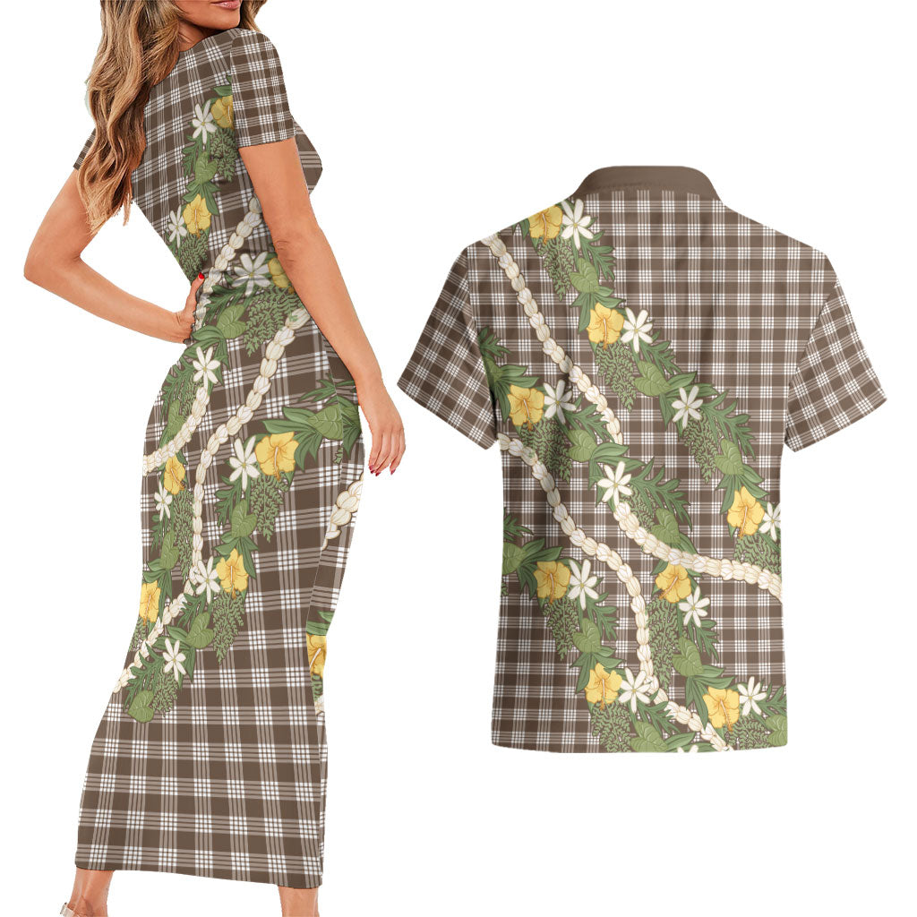 Aloha Puakenikeni Anthurium Pikake Lei Couples Matching Short Sleeve Bodycon Dress and Hawaiian Shirt Chocolate Hawaiian Palaka Pattern LT9 - Polynesian Pride