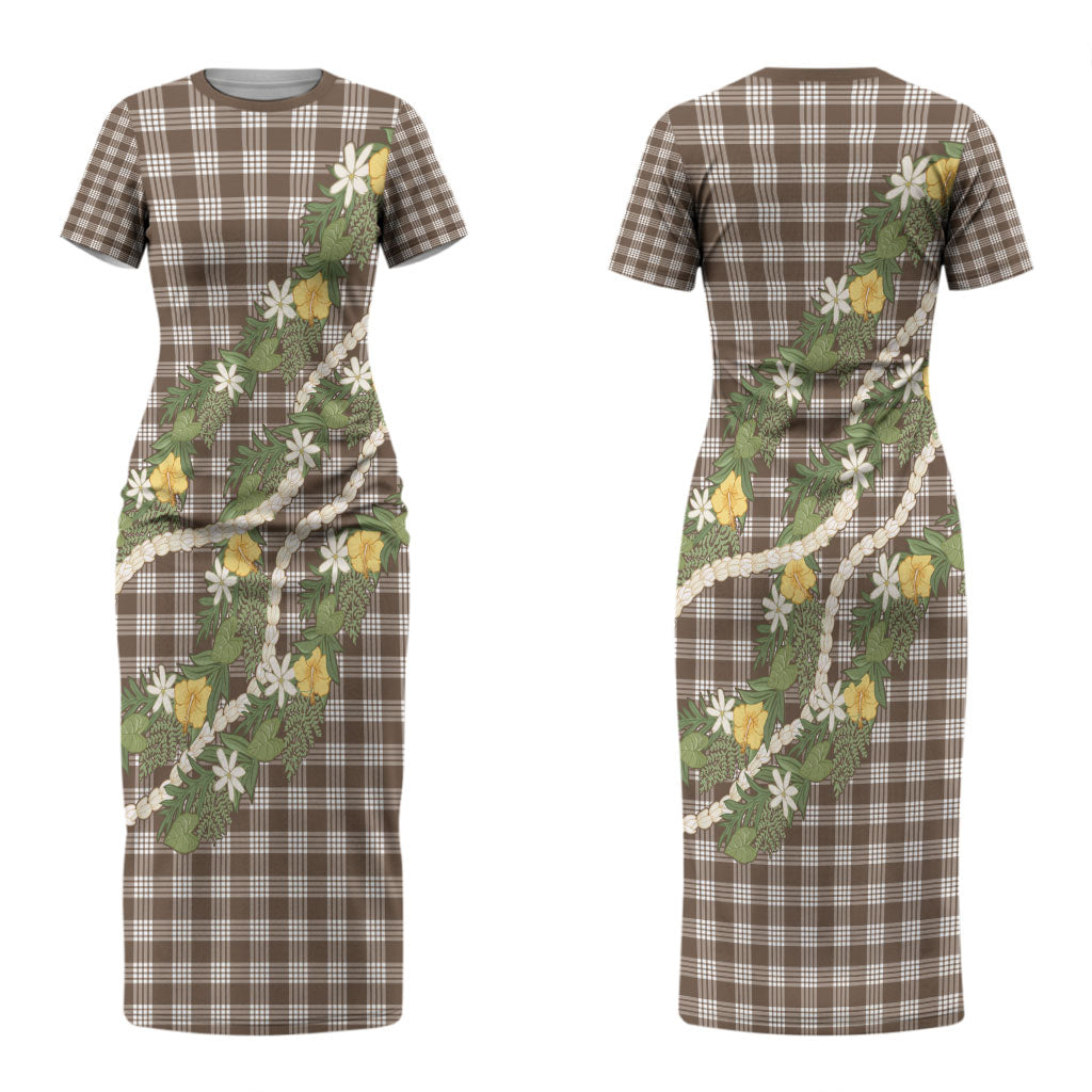 Aloha Puakenikeni Anthurium Pikake Lei Couples Matching Short Sleeve Bodycon Dress and Long Sleeve Button Shirt Chocolate Hawaiian Palaka Pattern LT9 - Polynesian Pride