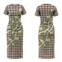 Aloha Puakenikeni Anthurium Pikake Lei Couples Matching Short Sleeve Bodycon Dress and Long Sleeve Button Shirt Chocolate Hawaiian Palaka Pattern LT9 - Polynesian Pride