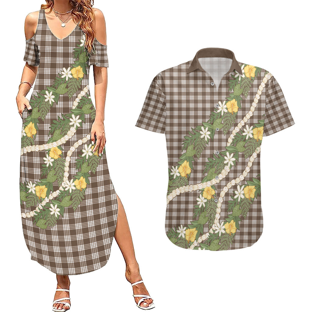 Aloha Puakenikeni Anthurium Pikake Lei Couples Matching Summer Maxi Dress and Hawaiian Shirt Chocolate Hawaiian Palaka Pattern