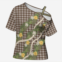 Aloha Puakenikeni Anthurium Pikake Lei Cross Shoulder Shirt Chocolate Hawaiian Palaka Pattern LT9 Female Chocolate - Polynesian Pride
