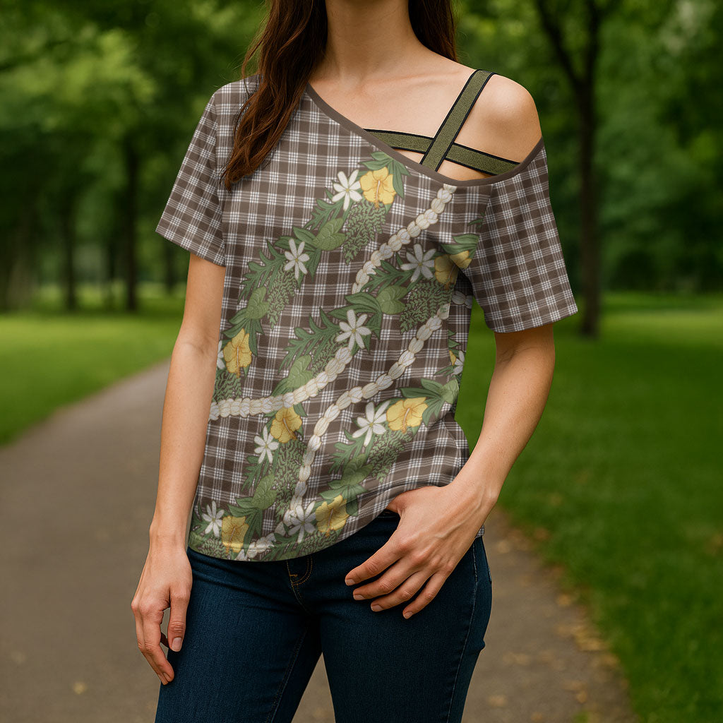 Aloha Puakenikeni Anthurium Pikake Lei Cross Shoulder Shirt Chocolate Hawaiian Palaka Pattern LT9 - Polynesian Pride