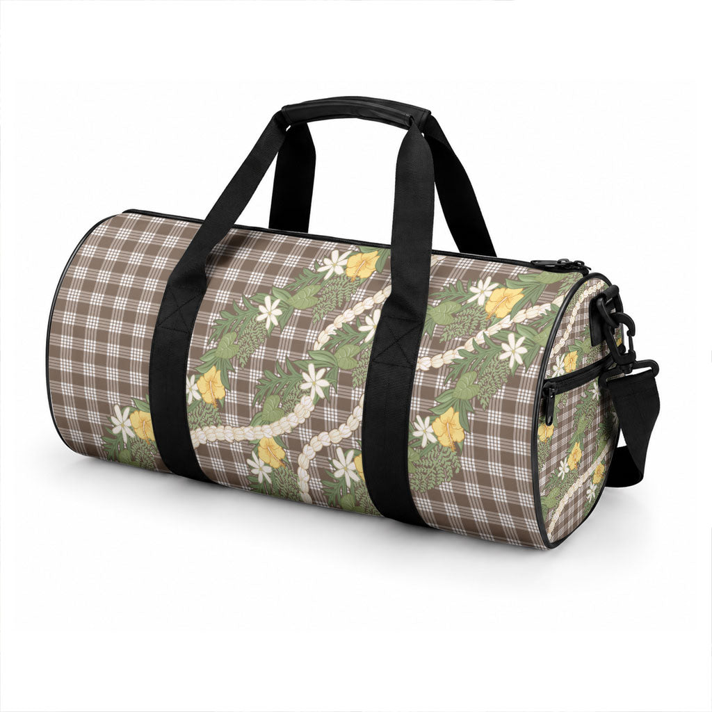 Aloha Puakenikeni Anthurium Pikake Lei Duffle Bag Chocolate Hawaiian Palaka Pattern LT9 - Polynesian Pride