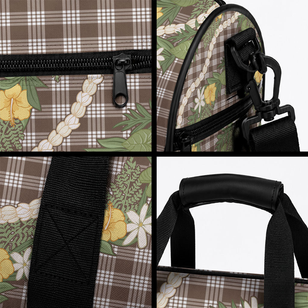 Aloha Puakenikeni Anthurium Pikake Lei Duffle Bag Chocolate Hawaiian Palaka Pattern LT9 - Polynesian Pride