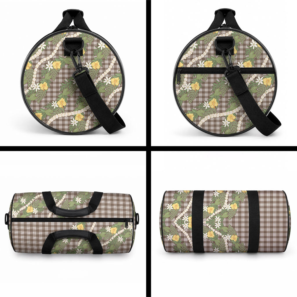 Aloha Puakenikeni Anthurium Pikake Lei Duffle Bag Chocolate Hawaiian Palaka Pattern LT9 - Polynesian Pride