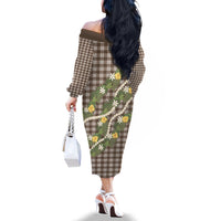 Aloha Puakenikeni Anthurium Pikake Lei Family Matching Off The Shoulder Long Sleeve Dress and Hawaiian Shirt Chocolate Hawaiian Palaka Pattern LT9 - Polynesian Pride