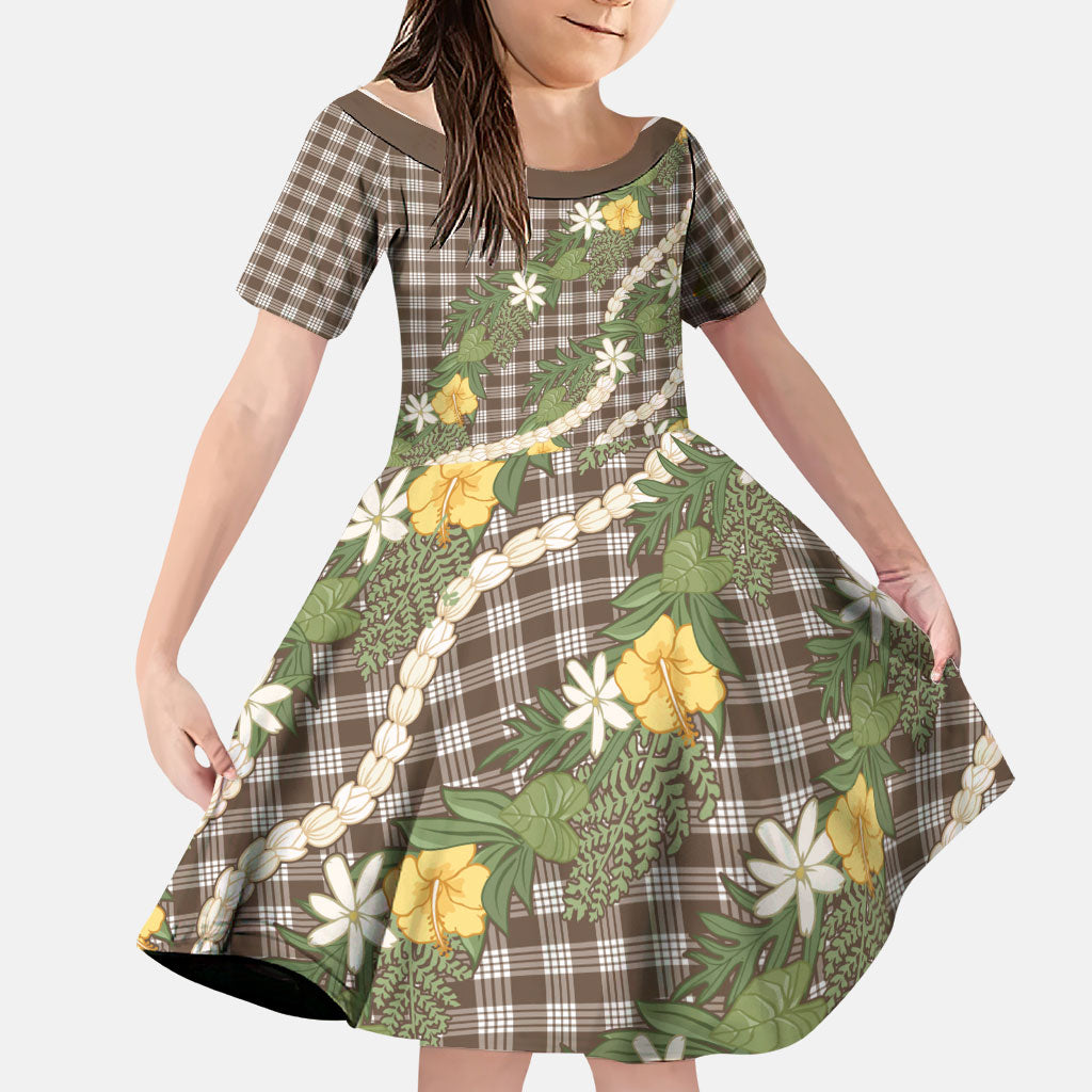 Aloha Puakenikeni Anthurium Pikake Lei Family Matching Off Shoulder Maxi Dress and Hawaiian Shirt Chocolate Hawaiian Palaka Pattern LT9 Daughter's Dress Chocolate - Polynesian Pride