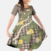 Aloha Puakenikeni Anthurium Pikake Lei Family Matching Off Shoulder Short Dress and Hawaiian Shirt Chocolate Hawaiian Palaka Pattern LT9 Daughter's Dress Chocolate - Polynesian Pride