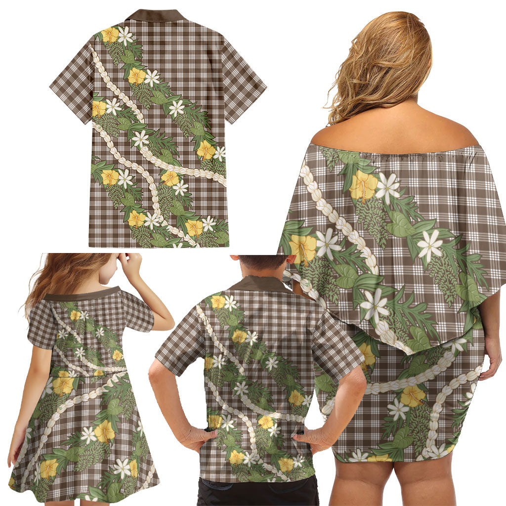 Aloha Puakenikeni Anthurium Pikake Lei Family Matching Off Shoulder Short Dress and Hawaiian Shirt Chocolate Hawaiian Palaka Pattern LT9 - Polynesian Pride