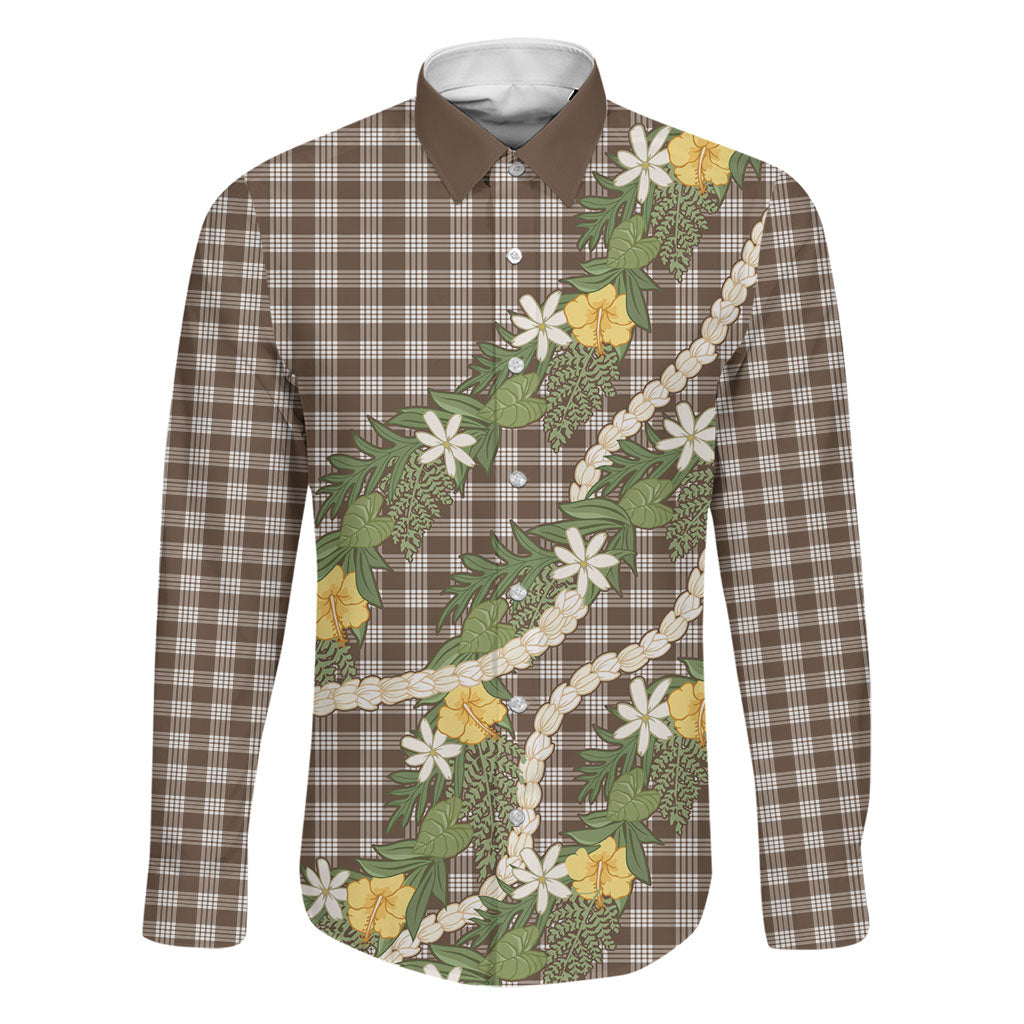 Aloha Puakenikeni Anthurium Pikake Lei Family Matching Tank Maxi Dress and Hawaiian Shirt Chocolate Hawaiian Palaka Pattern LT9 Dad's Shirt - Long Sleeve Chocolate - Polynesian Pride