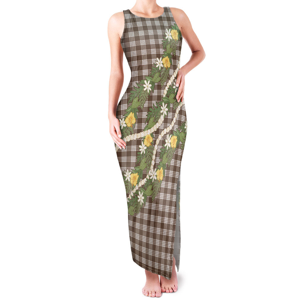Aloha Puakenikeni Anthurium Pikake Lei Family Matching Tank Maxi Dress and Hawaiian Shirt Chocolate Hawaiian Palaka Pattern LT9 Mom's Dress Chocolate - Polynesian Pride