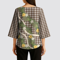 Aloha Puakenikeni Anthurium Pikake Lei Kimono Sleeve Blouse Chocolate Hawaiian Palaka Pattern