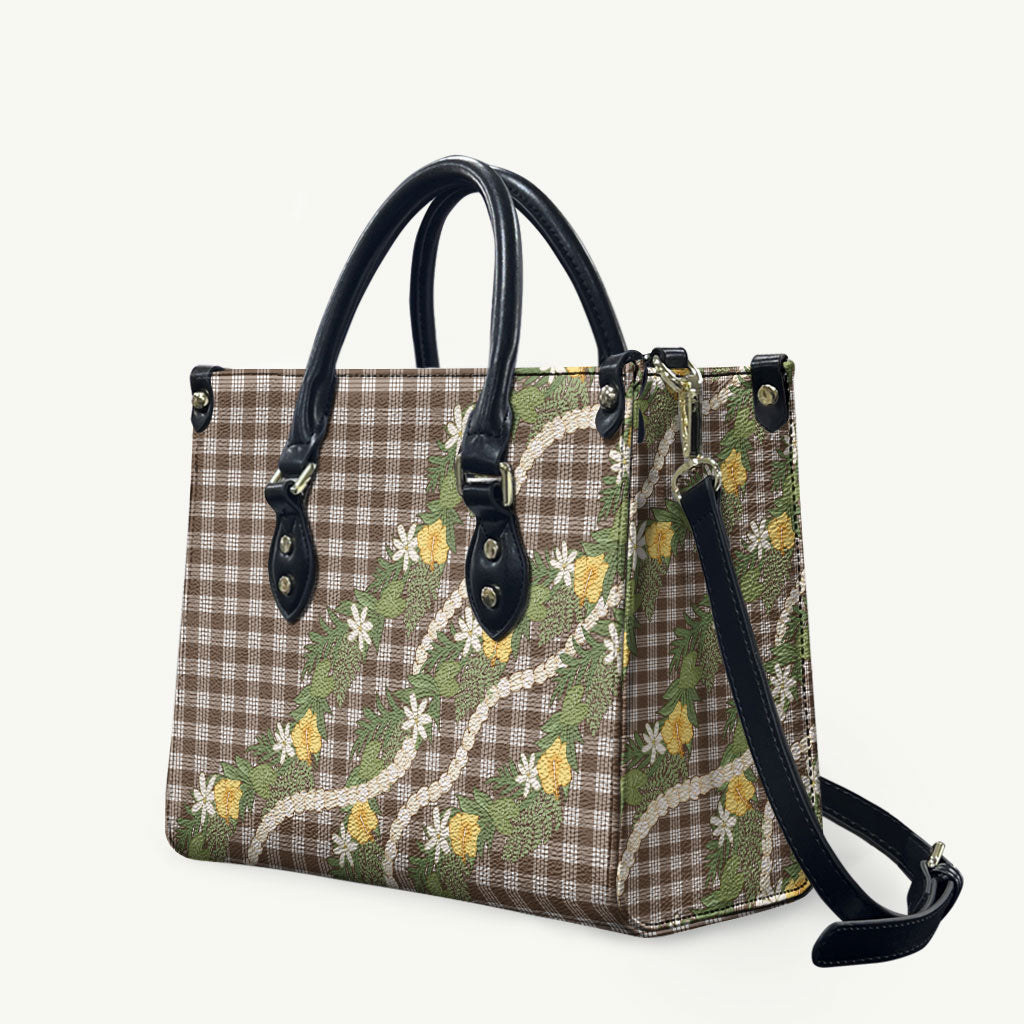 Aloha Puakenikeni Anthurium Pikake Lei Leather Bag Chocolate Hawaiian Palaka Pattern