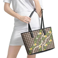 Aloha Puakenikeni Anthurium Pikake Lei Leather Tote Bag Chocolate Hawaiian Palaka Pattern