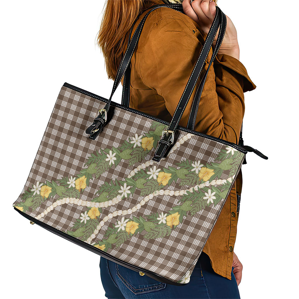 Aloha Puakenikeni Anthurium Pikake Lei Leather Tote Bag Chocolate Hawaiian Palaka Pattern