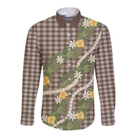 Aloha Puakenikeni Anthurium Pikake Lei Long Sleeve Button Shirt Chocolate Hawaiian Palaka Pattern