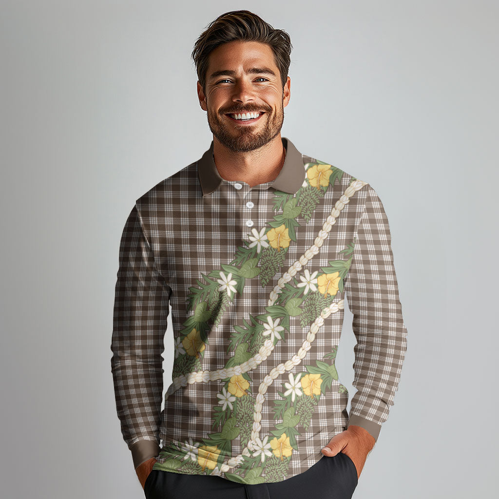 Aloha Puakenikeni Anthurium Pikake Lei Long Sleeve Polo Shirt Chocolate Hawaiian Palaka Pattern