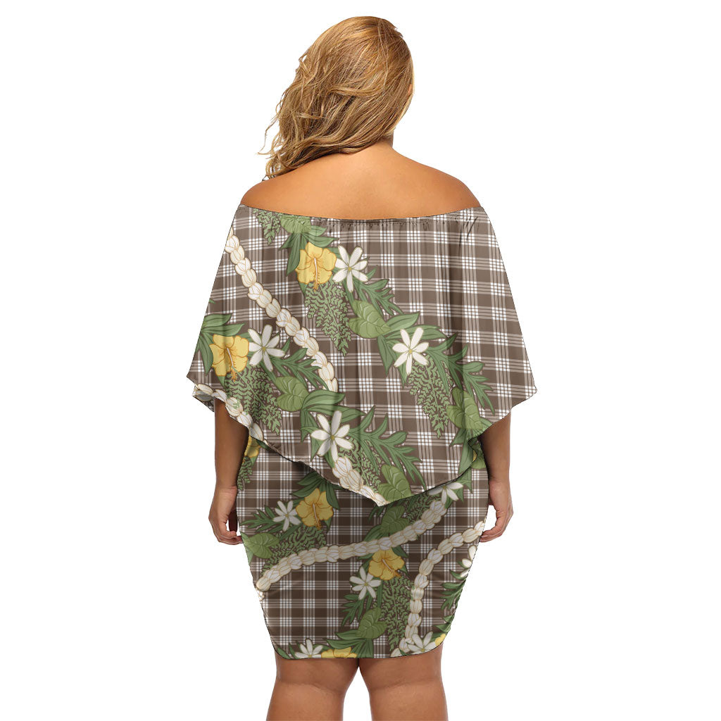Aloha Puakenikeni Anthurium Pikake Lei Off Shoulder Short Dress Chocolate Hawaiian Palaka Pattern