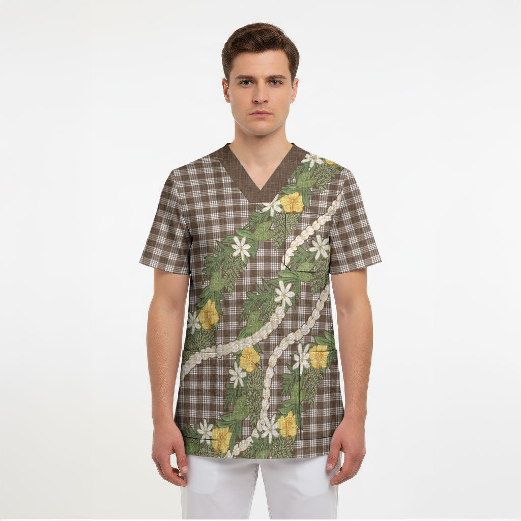 Aloha Puakenikeni Anthurium Pikake Lei Scrub Top Chocolate Hawaiian Palaka Pattern