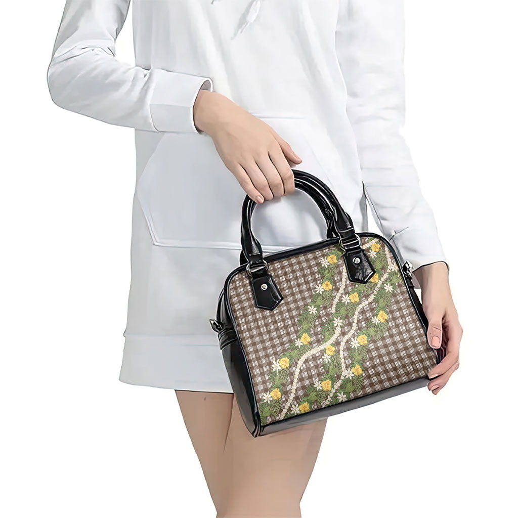 Aloha Puakenikeni Anthurium Pikake Lei Shoulder Handbag Chocolate Hawaiian Palaka Pattern