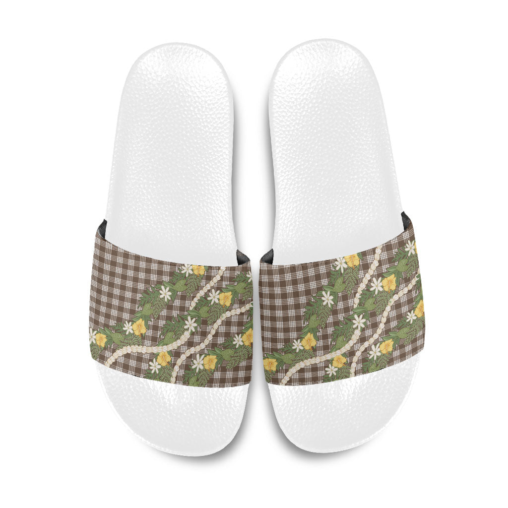 Aloha Puakenikeni Anthurium Pikake Lei Slide Sandals Chocolate Hawaiian Palaka Pattern