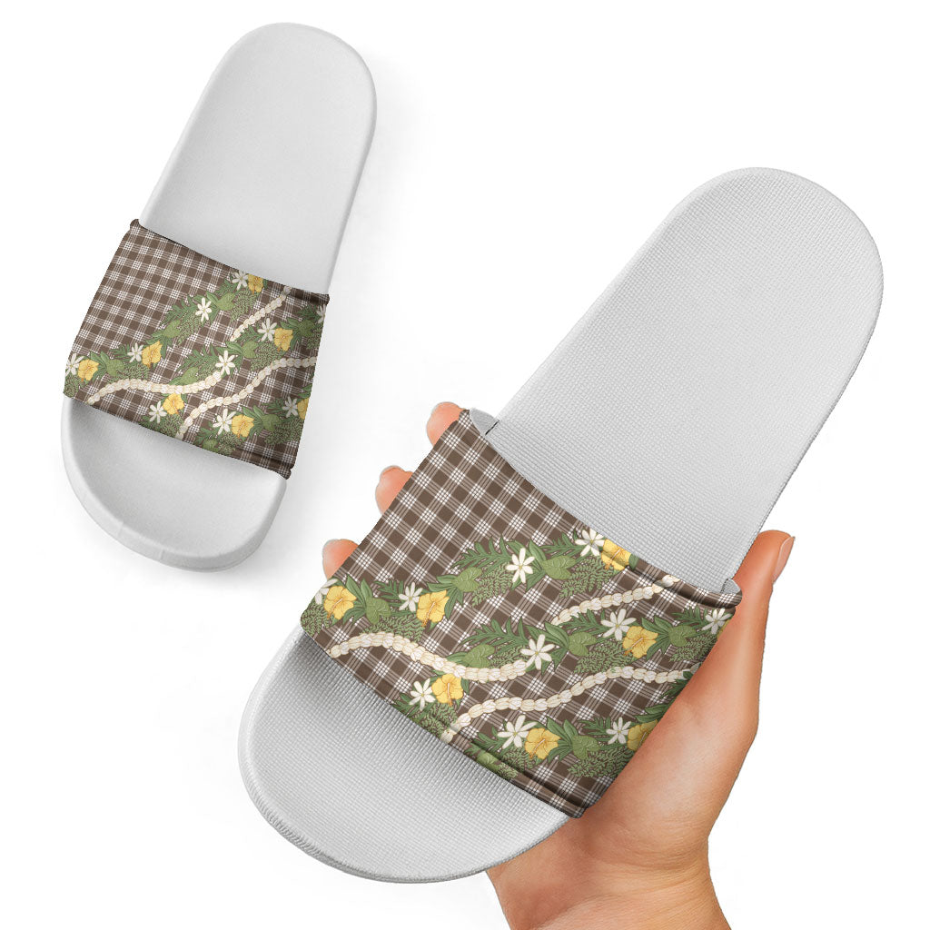 Aloha Puakenikeni Anthurium Pikake Lei Slide Sandals Chocolate Hawaiian Palaka Pattern
