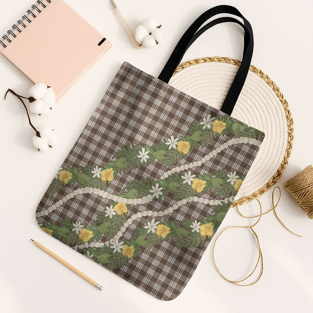 Aloha Puakenikeni Anthurium Pikake Lei Tote Bag Chocolate Hawaiian Palaka Pattern