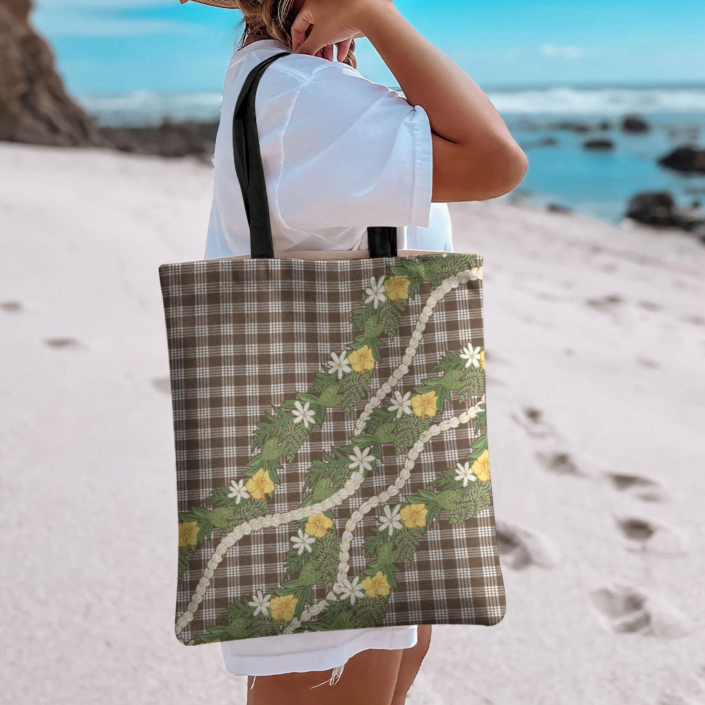 Aloha Puakenikeni Anthurium Pikake Lei Tote Bag Chocolate Hawaiian Palaka Pattern