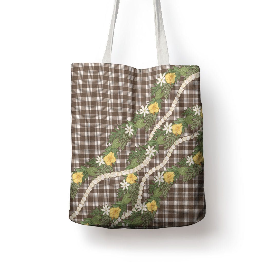Aloha Puakenikeni Anthurium Pikake Lei Tote Bag Chocolate Hawaiian Palaka Pattern