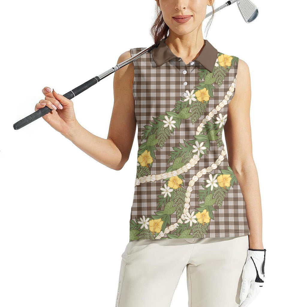 Aloha Puakenikeni Anthurium Pikake Lei Women Sleeveless Polo Shirt Chocolate Hawaiian Palaka Pattern